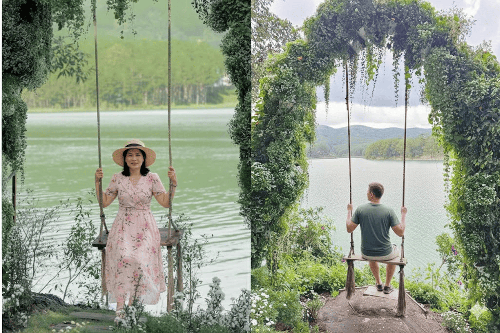 Ngồi trên xích đu, du khách có thể tận hưởng khoảnh khắc bình yên giữa thiên nhiên rộng lớn